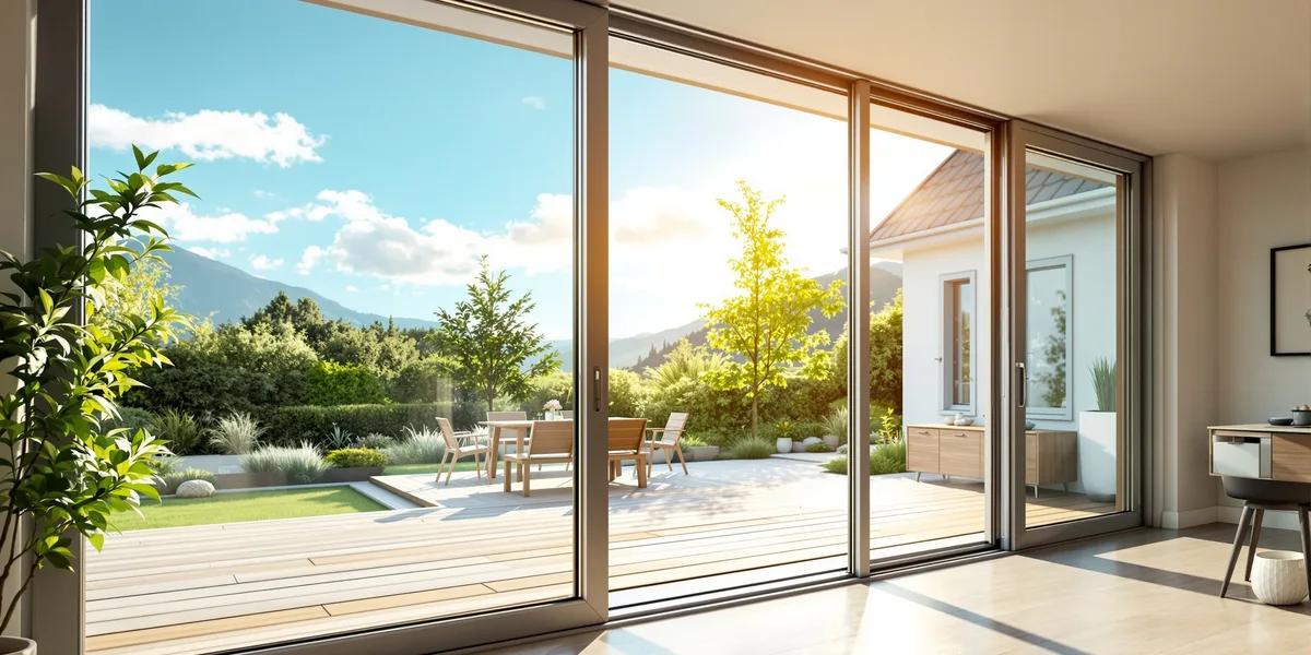 Porte-fenêtre coulissante ouverte donnant sur une terrasse avec jardin